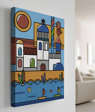 Bunte geometrische Küstendorf-Illustration mit Vögeln und Booten