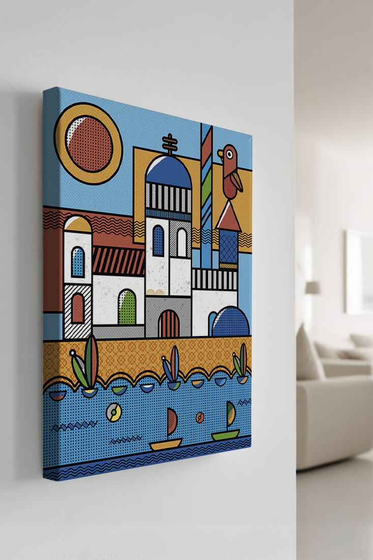 Bunte geometrische Küstendorf-Illustration mit Vögeln und Booten
