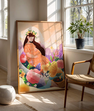 Femme dans la nature avec des fleurs et des notes de musique