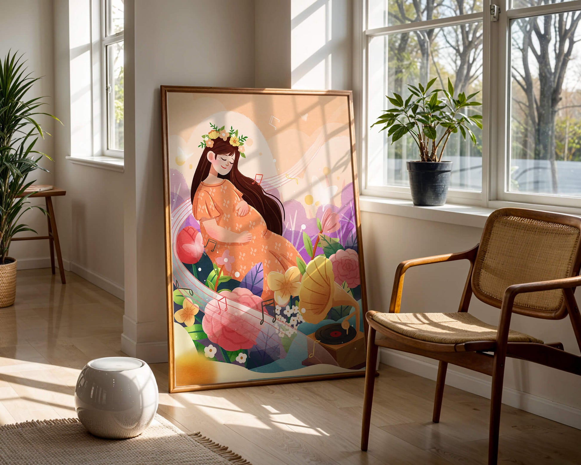 Woman in nature with flowers and musical notes
