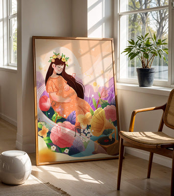 Woman in nature with flowers and musical notes