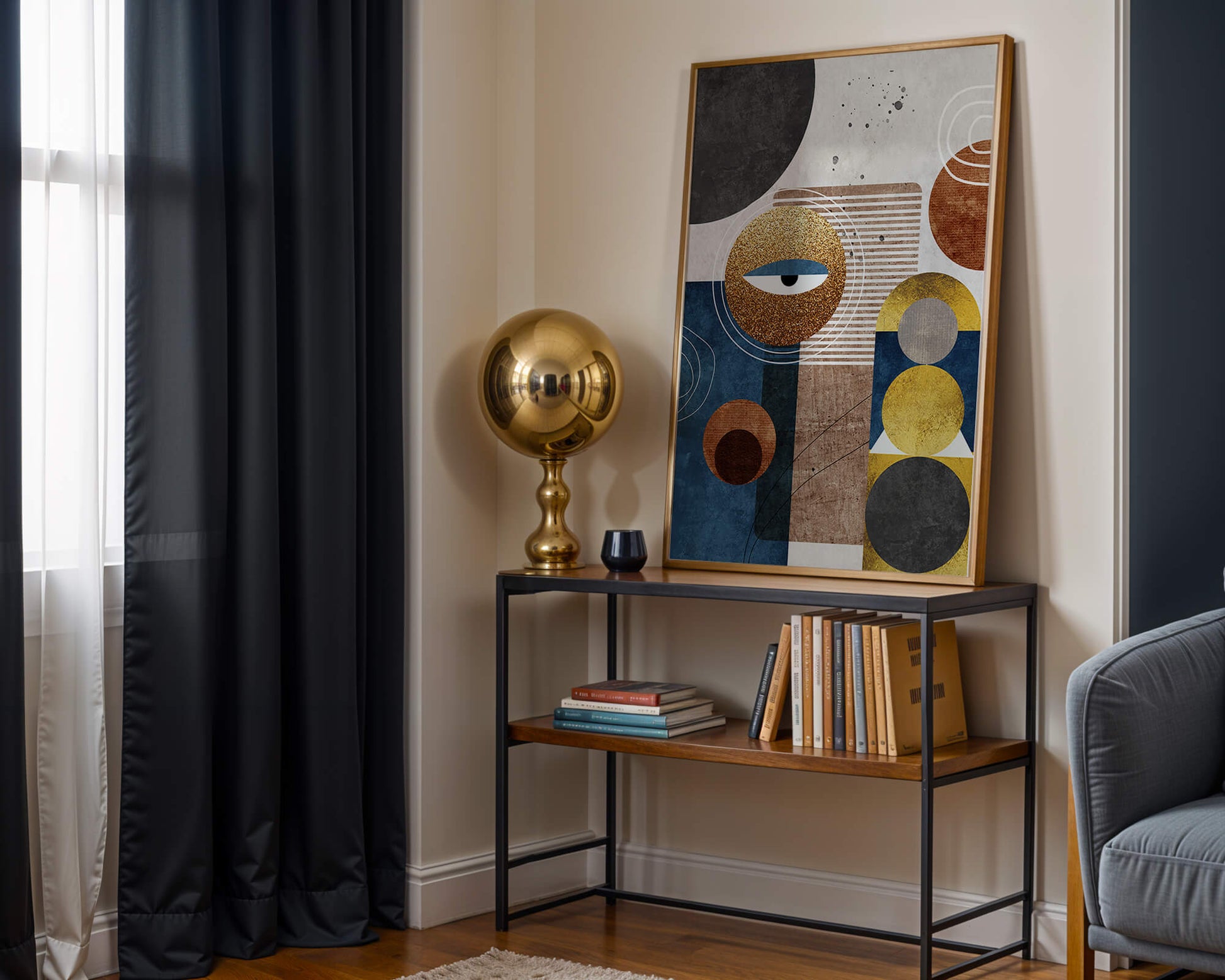 Abstract geometric artwork with gold and blue elements