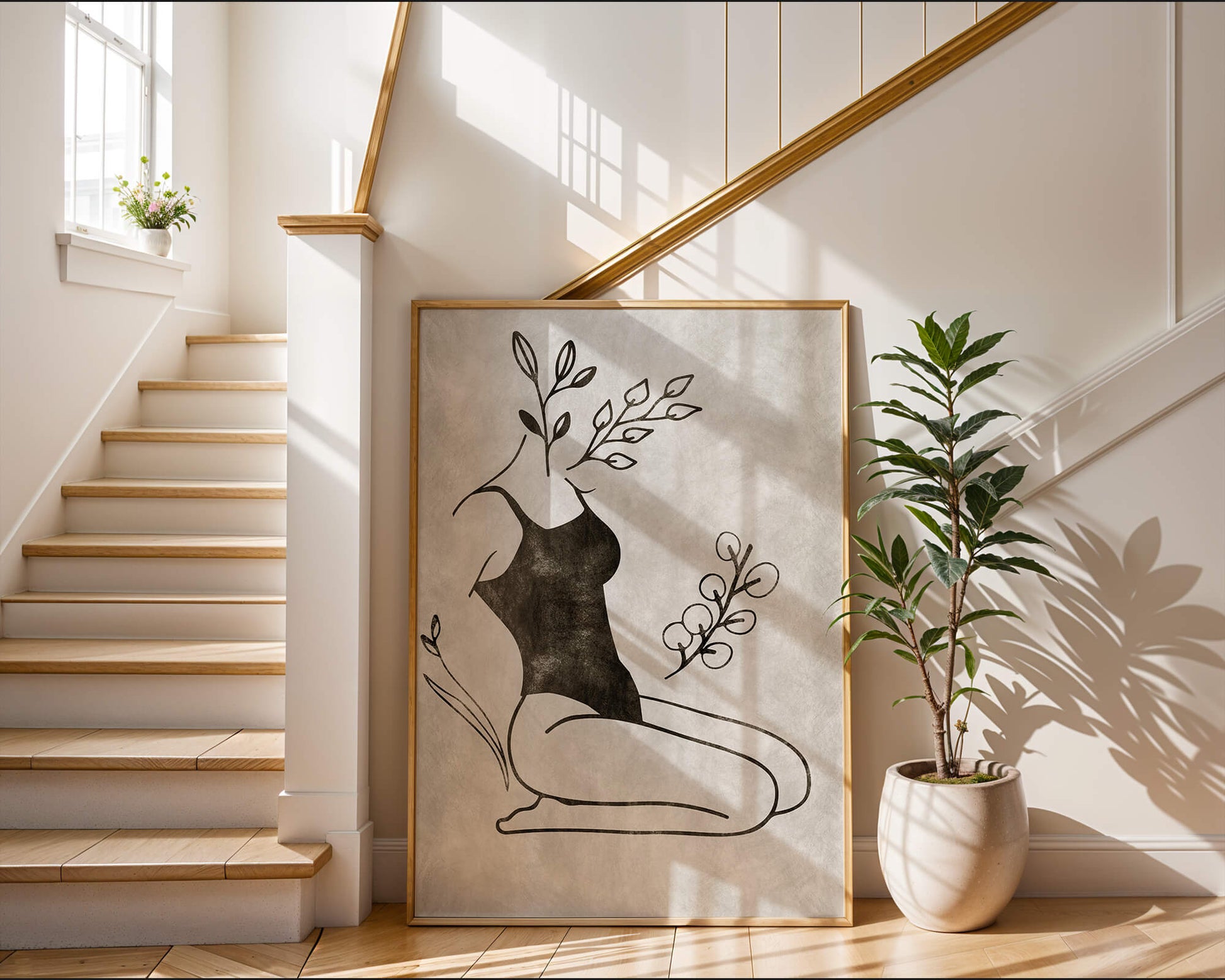 Mujer abstracta con elementos botánicos en estilo minimalista