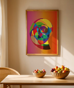 Vibrant abstract geometric shape with multicolored spiral on gradient background