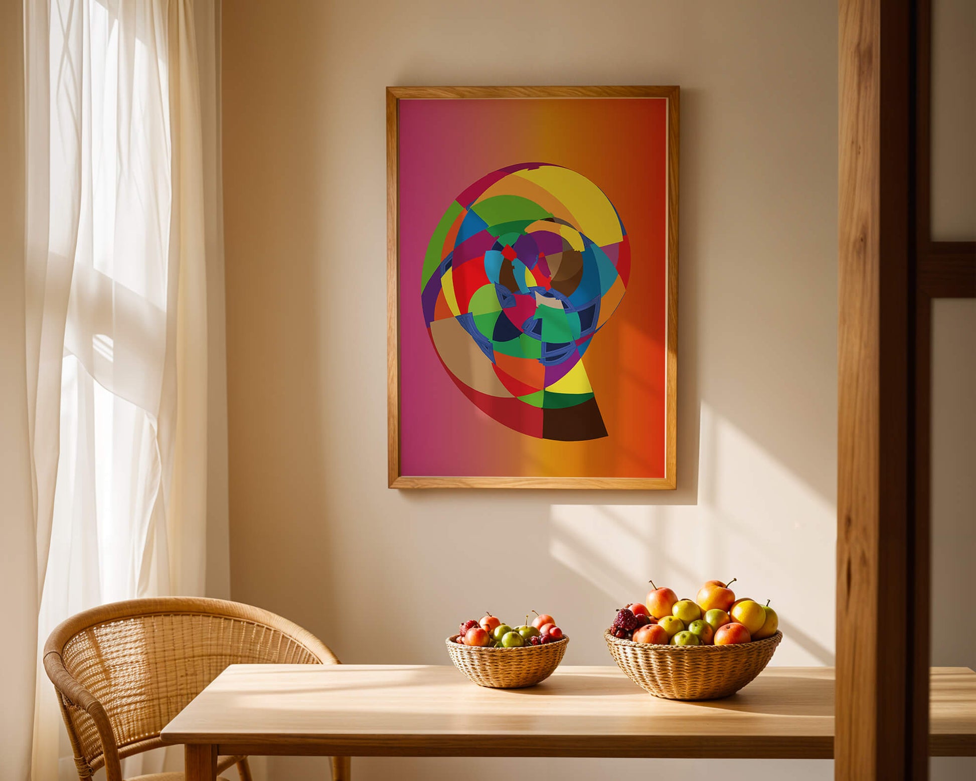 Vibrant abstract geometric shape with multicolored spiral on gradient background