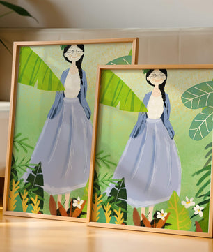 Serene illustration of a woman in nature with tropical leaves