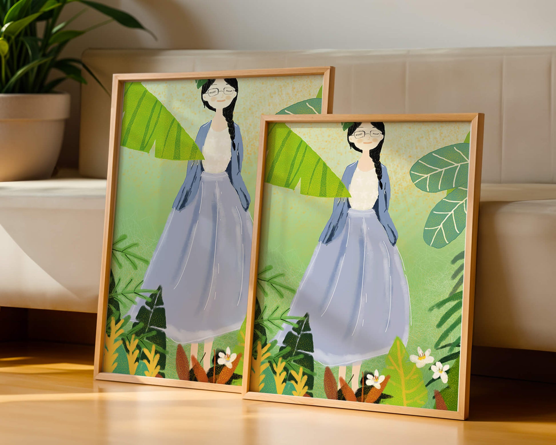 Serene illustration of a woman in nature with tropical leaves