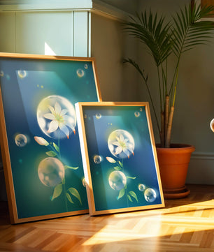 Zarte Blume in transparenten Blasen auf einem verträumten blauen Hintergrund