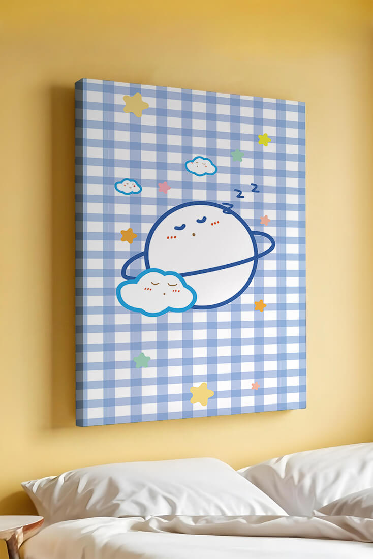 Whimsical sleep theme with planets and clouds on a checkered background