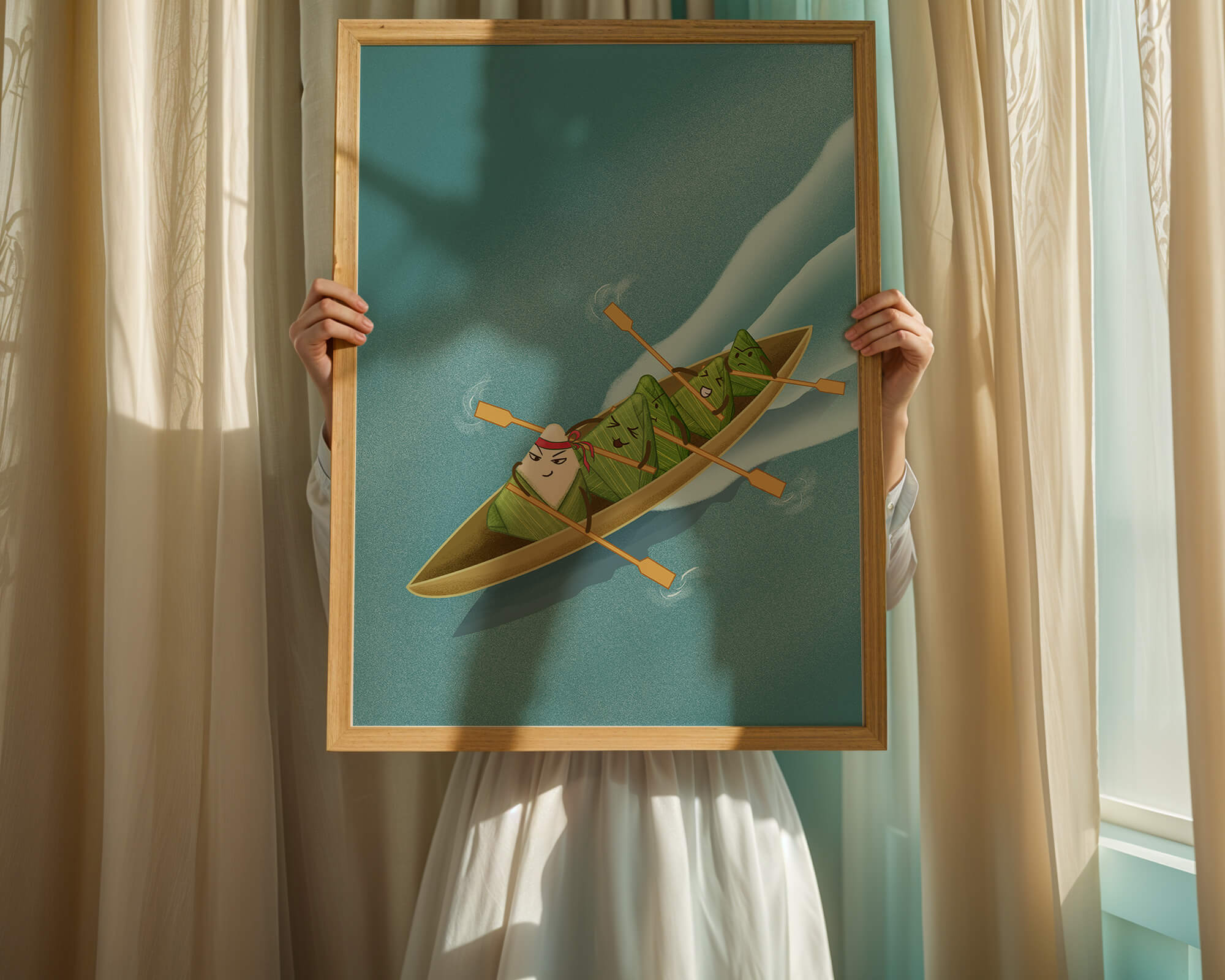 Charming illustration of rice dumplings rowing a boat with expressions