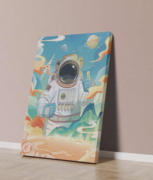 Colorful illustration of an astronaut in space with planets and rocket