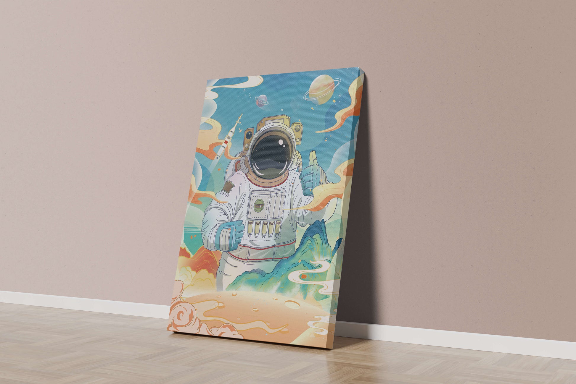 Colorful illustration of an astronaut in space with planets and rocket
