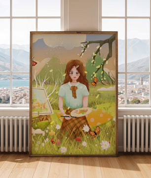Ilustración de una chica pintando al aire libre rodeada de mariposas y flores