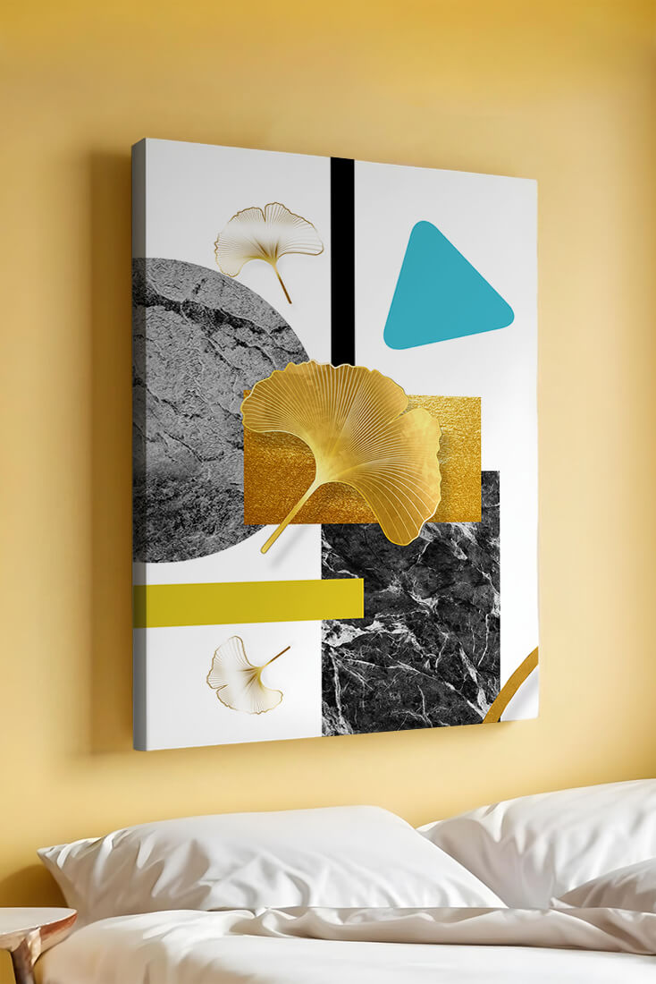 Geometric Abstract Composition with Gold Ginkgo Leaves