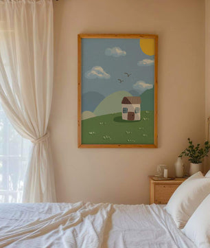 Illustration of a small house on a sunny hillside with clouds in a blue sky