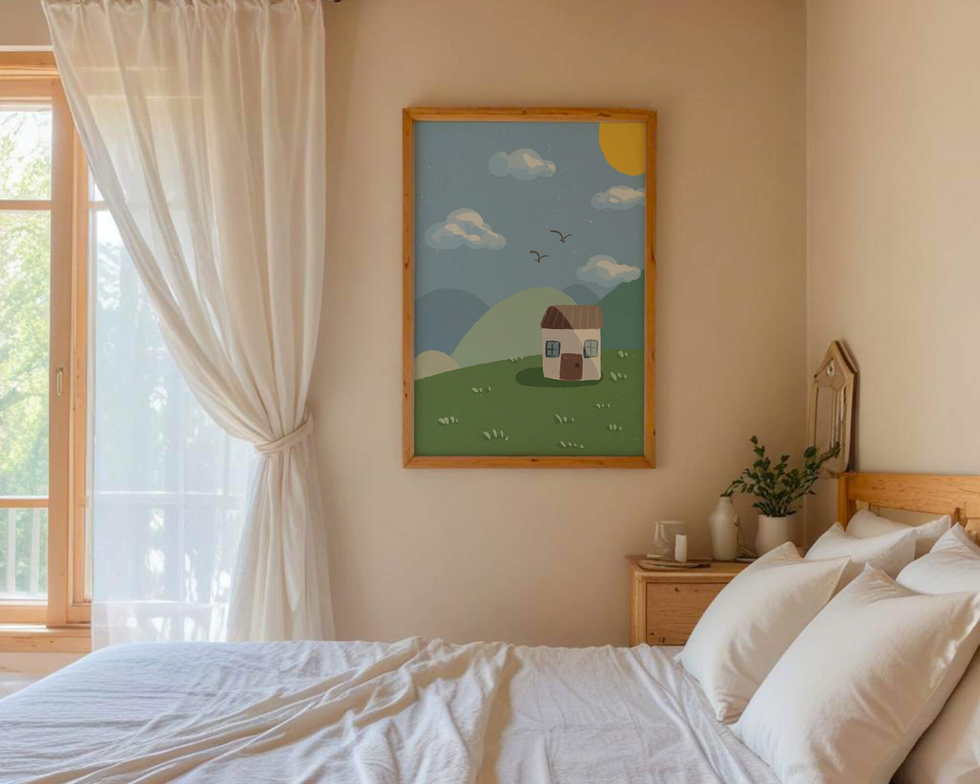 Illustration of a small house on a sunny hillside with clouds in a blue sky