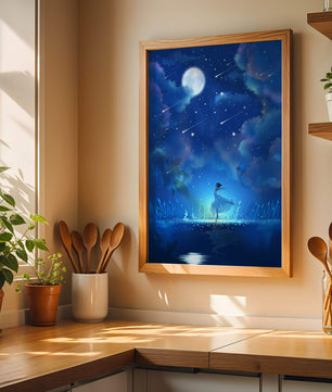 Cielo nocturno soñador con figura danzante y luz de luna brillante