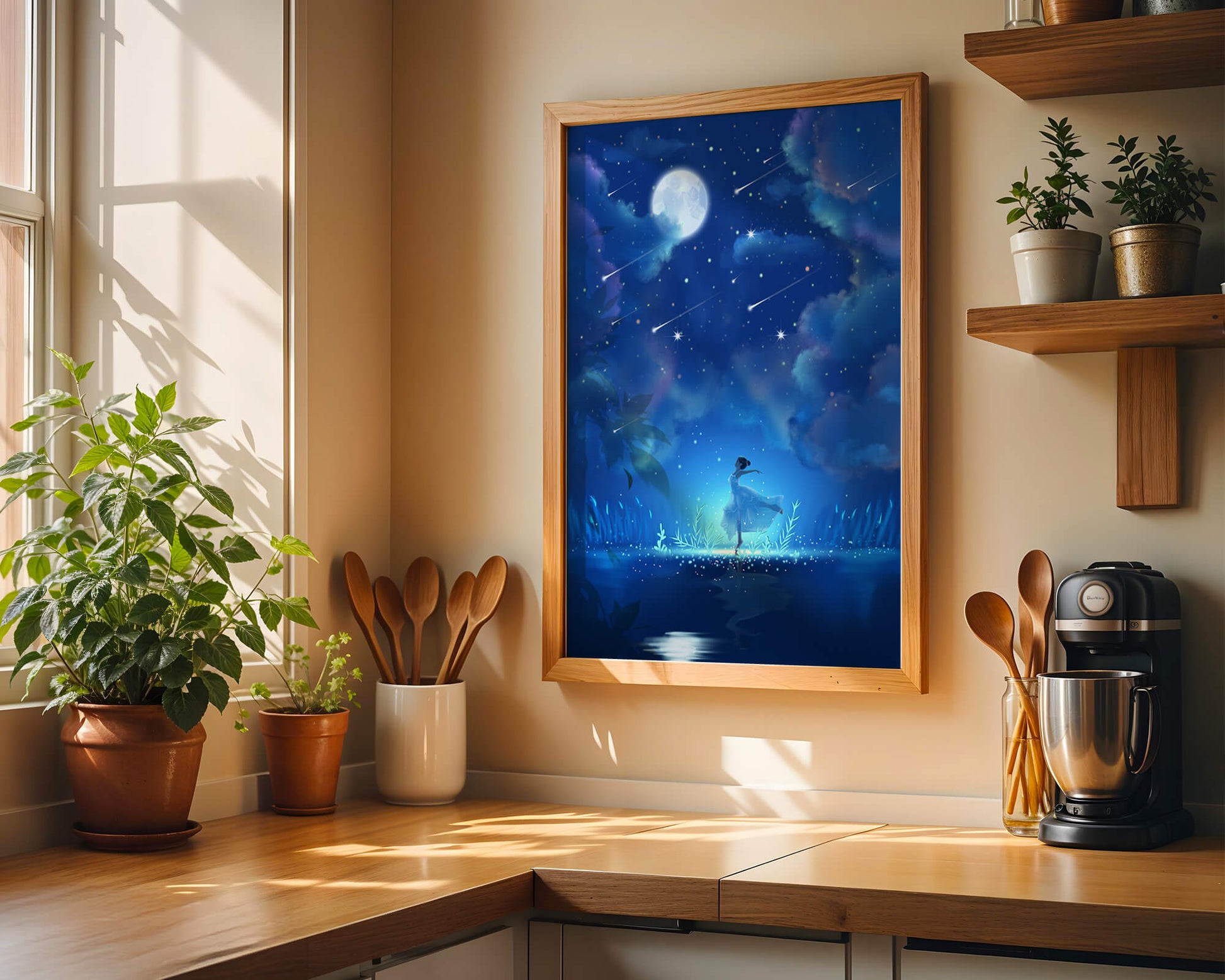 Cielo nocturno soñador con figura danzante y luz de luna brillante