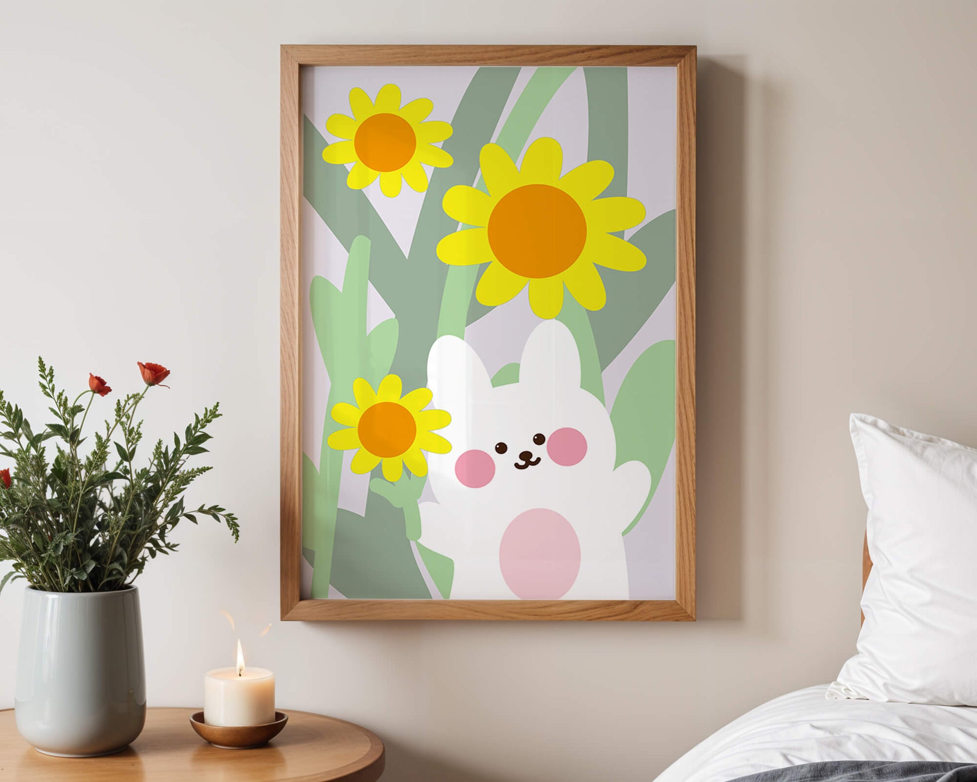 Adorable bunny with vibrant flowers cartoon illustration