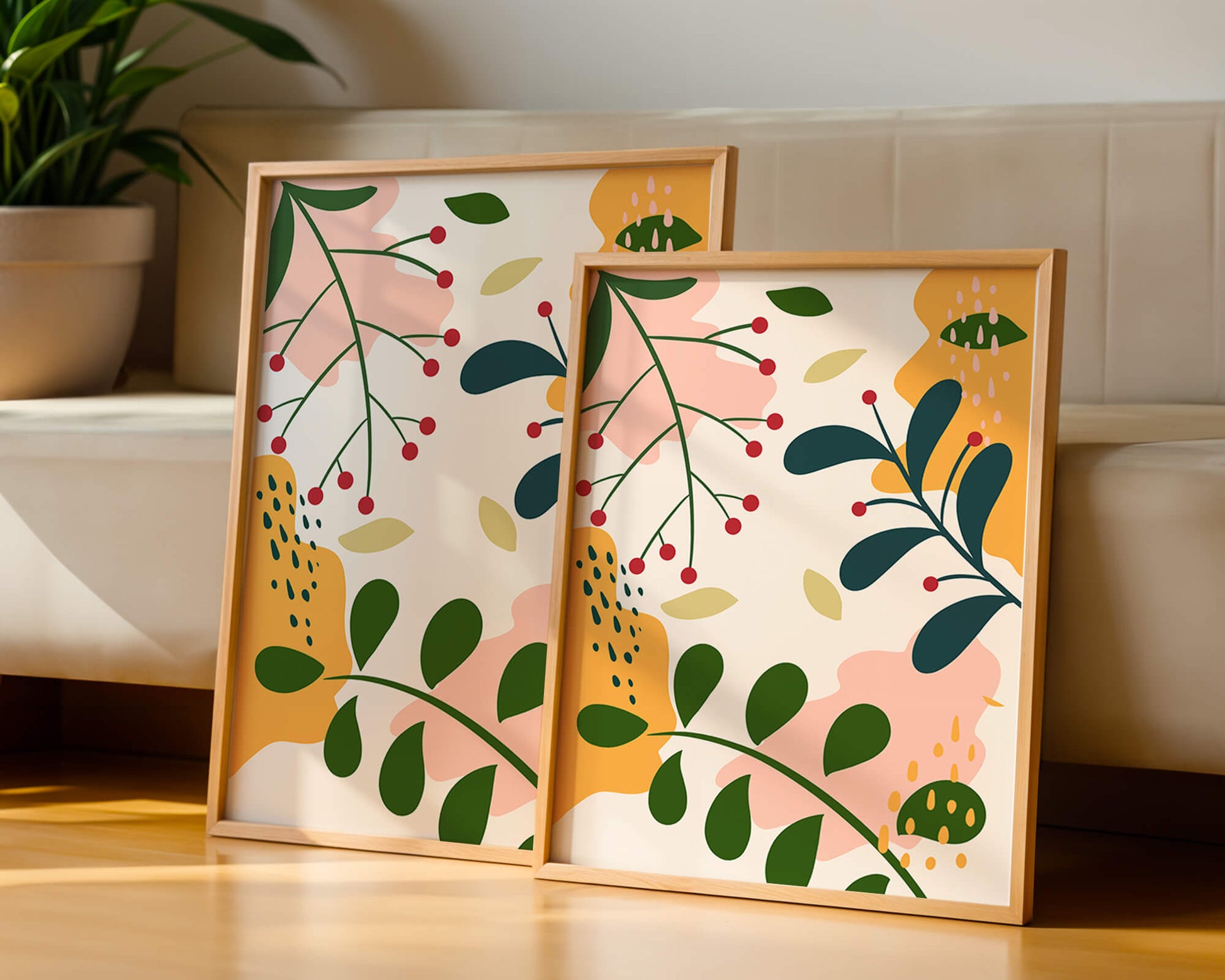 Farbenfrohes abstraktes Blumenmuster mit grünen und gelben Blättern 