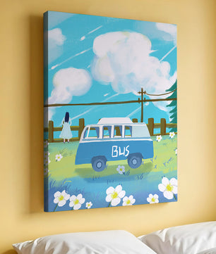 Ilustración escénica con autobús azul y prado en flor