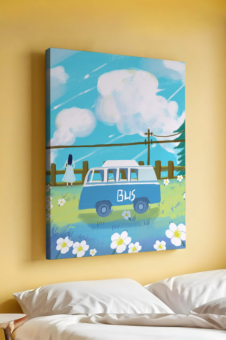 Ilustración escénica con autobús azul y prado en flor