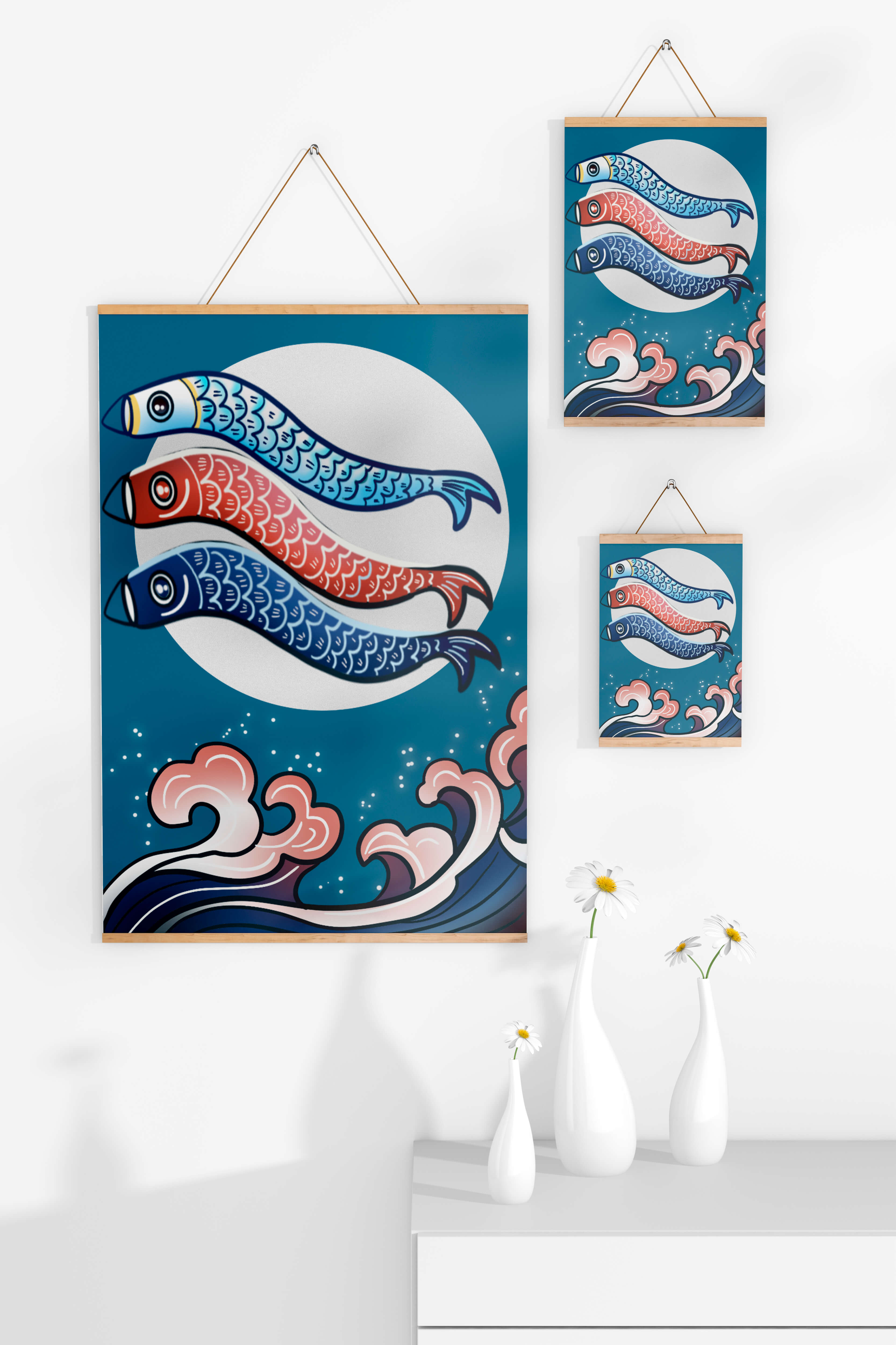 Colorful koi fish kites against a full moon with ocean waves
