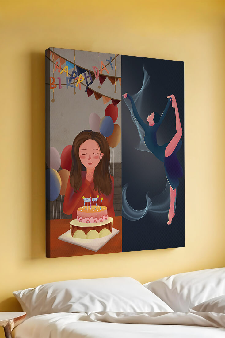 Birthday celebration illustration with cake and dancing figure