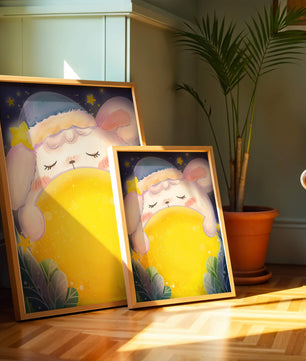 Sleepy rabbit with starry hat holding a glowing ball in a dreamy night scene