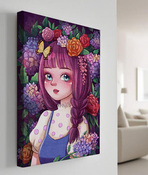 Illustration of a girl with floral crown surrounded by vibrant flowers