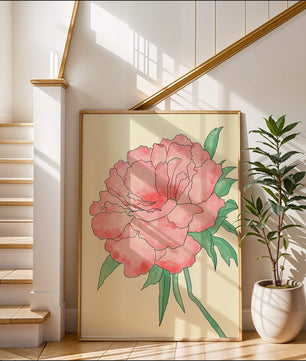 Delicate Pink Peony with Green Leaves Illustration