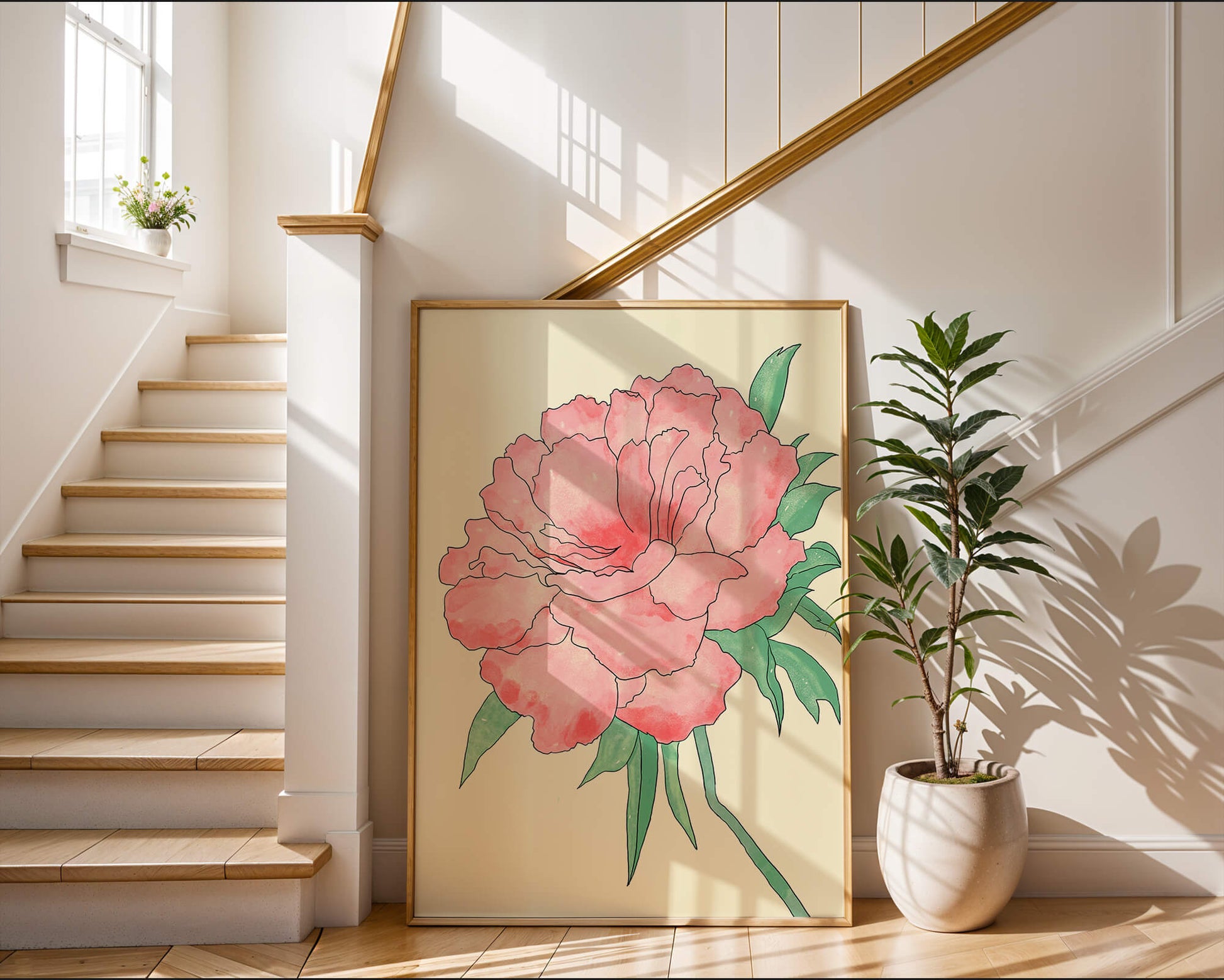 Delicate Pink Peony with Green Leaves Illustration