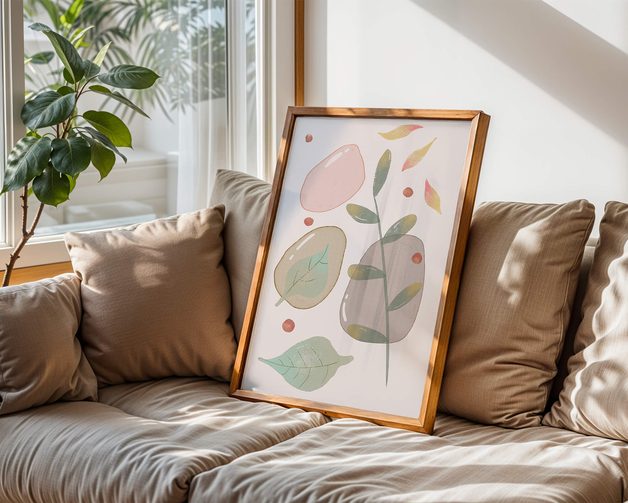 Abstract botanical illustration with pastel colored leaves and shapes