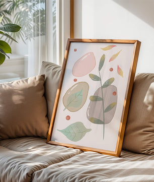 Abstract botanical illustration with pastel colored leaves and shapes