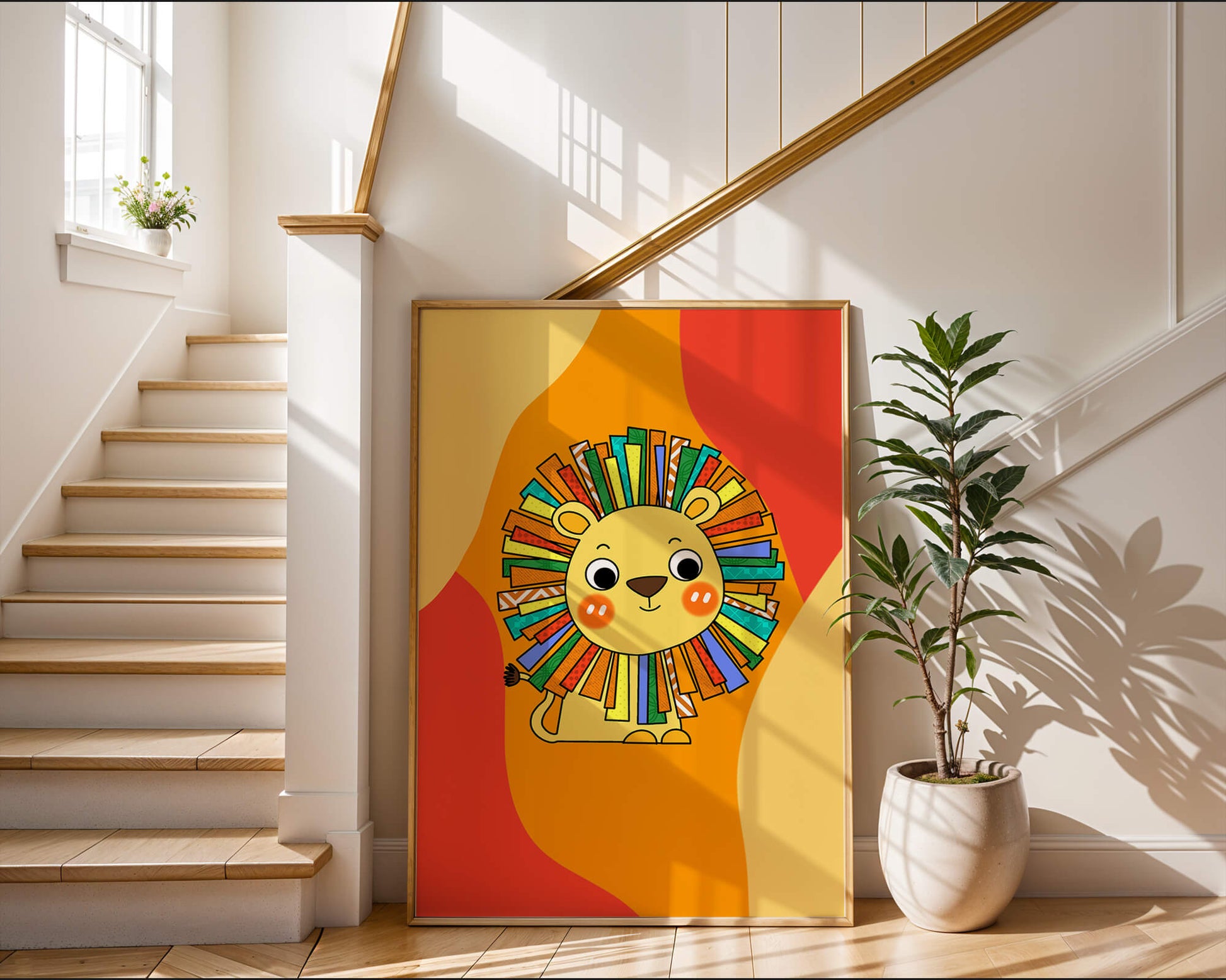 Colorful cartoon lion illustration with vibrant mane on abstract background