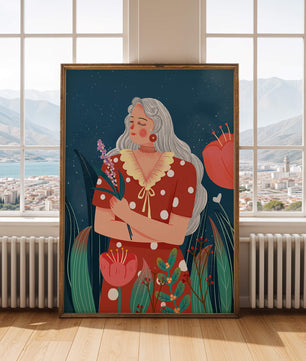 Serene illustration of a woman with flowers under a starry night sky