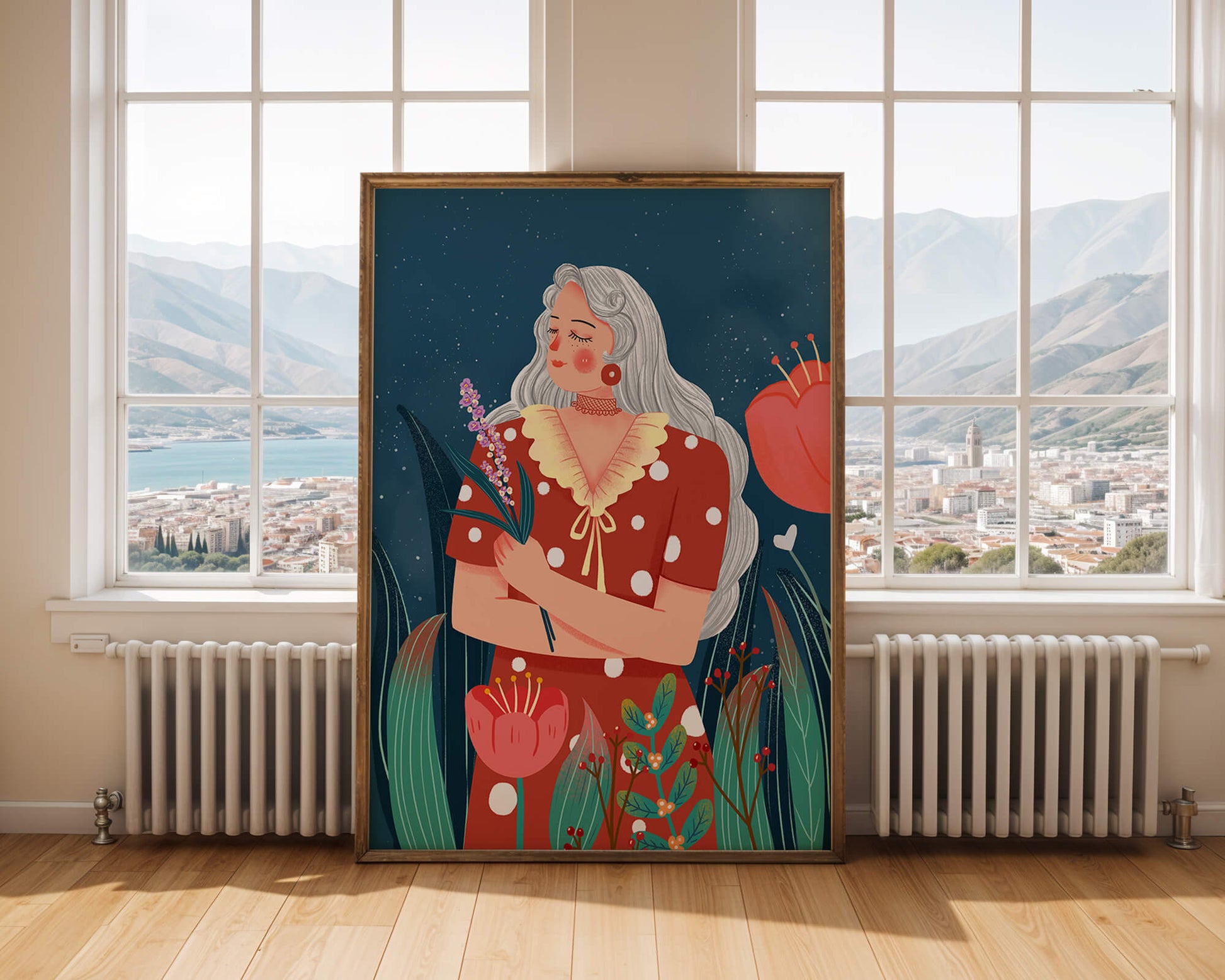Serene illustration of a woman with flowers under a starry night sky