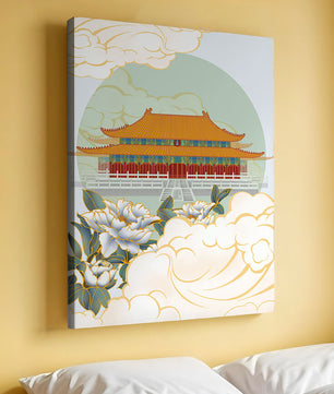Traditional Asian palace illustration with floral and cloud motifs