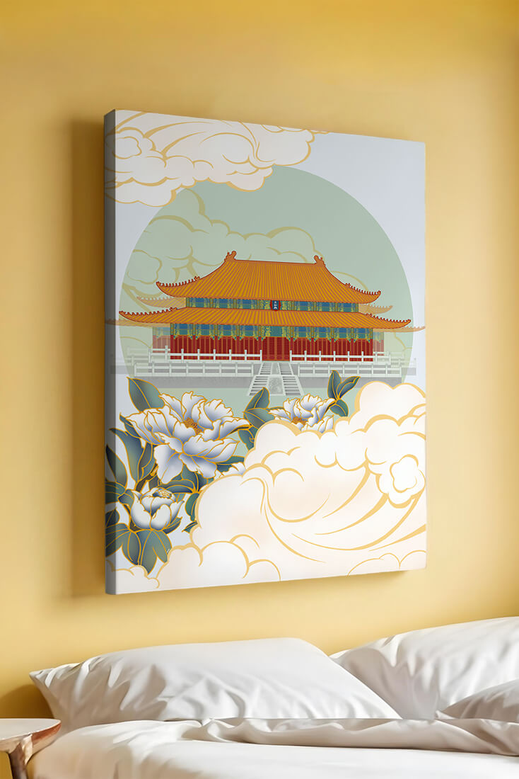 Traditional Asian palace illustration with floral and cloud motifs