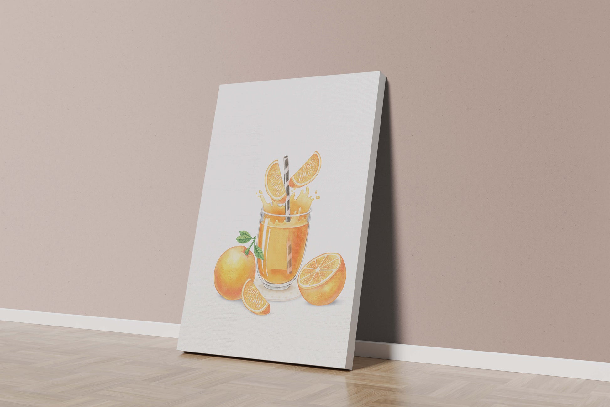 Illustration of a refreshing orange juice with fresh oranges and splash