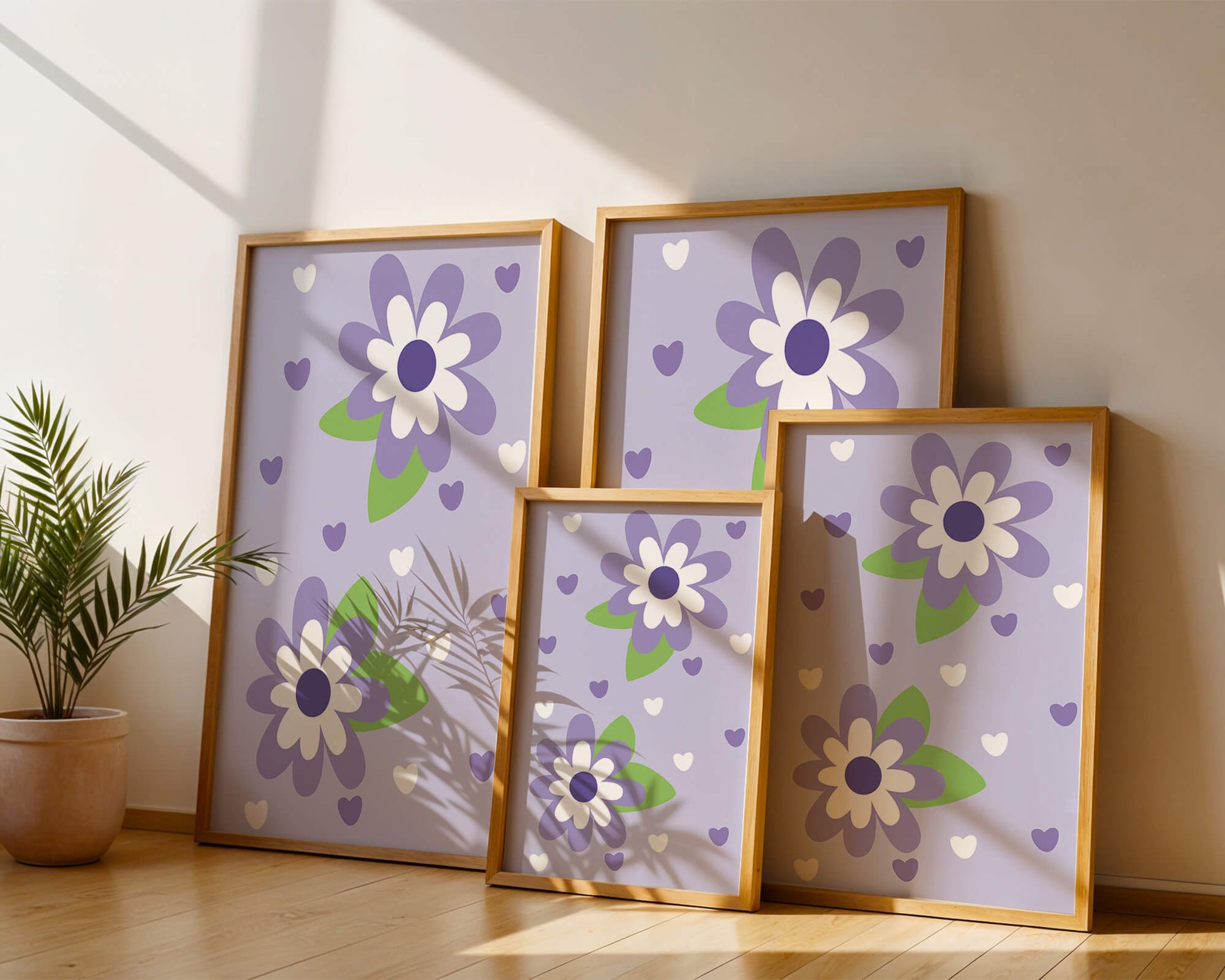 Elegant purple floral pattern with green leaves and heart accents