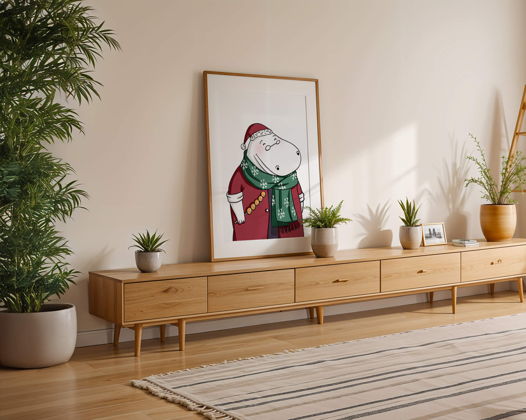 Festive hippo in a red outfit with a green snowflake scarf