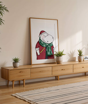Festive hippo in a red outfit with a green snowflake scarf