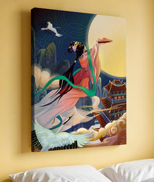 Oriental Fantasy Scene with Woman Offering Gift to the Moon