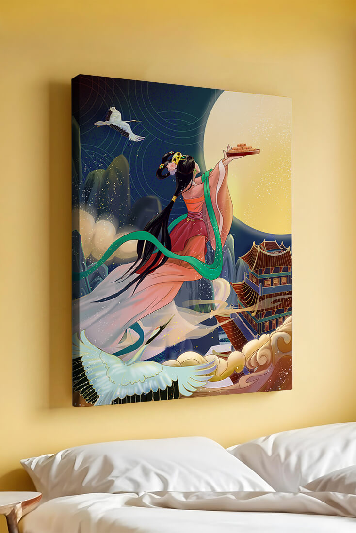 Oriental Fantasy Scene with Woman Offering Gift to the Moon