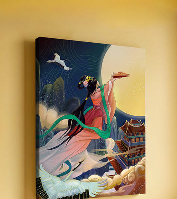Oriental Fantasy Scene with Woman Offering Gift to the Moon