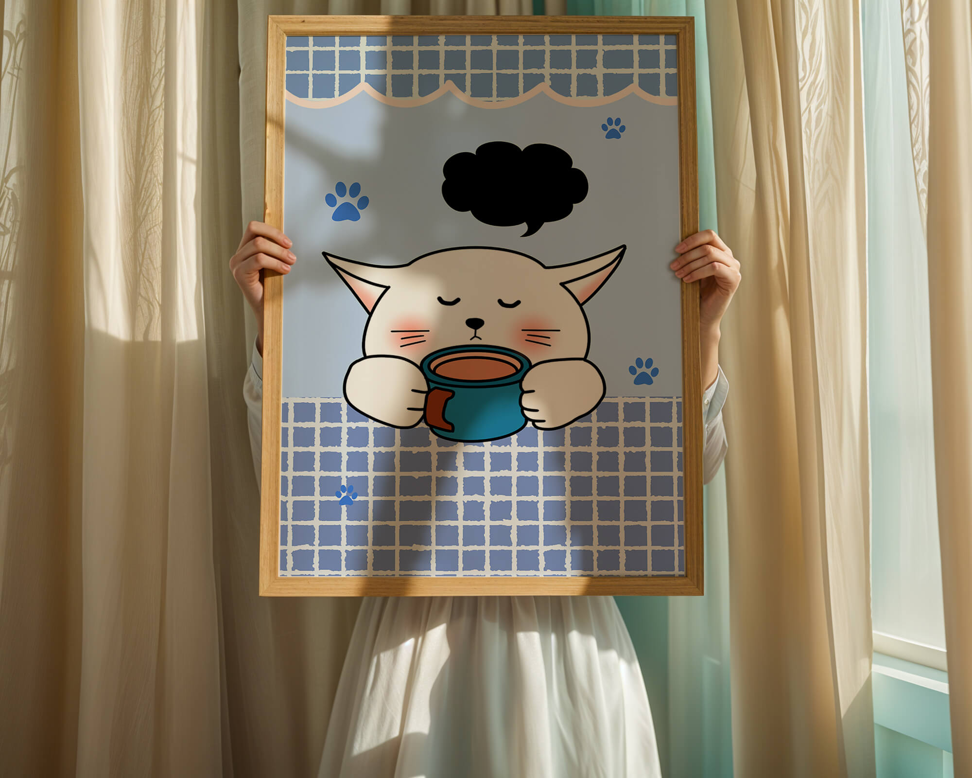 Cute cartoon cat with mug and speech bubble on blue background