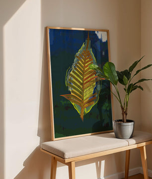 Abstract digital artwork featuring a vibrant multicolored leaf