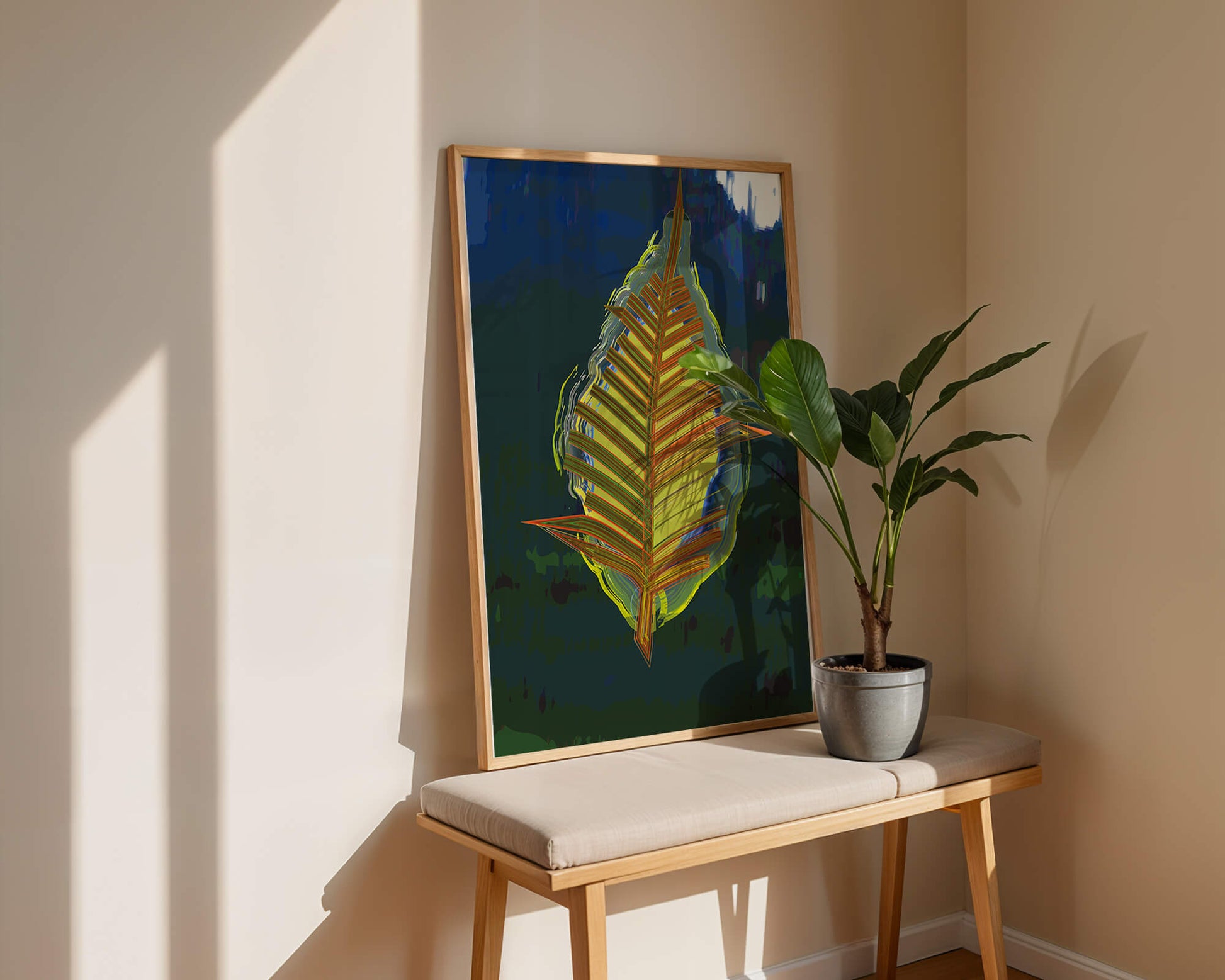 Abstract digital artwork featuring a vibrant multicolored leaf