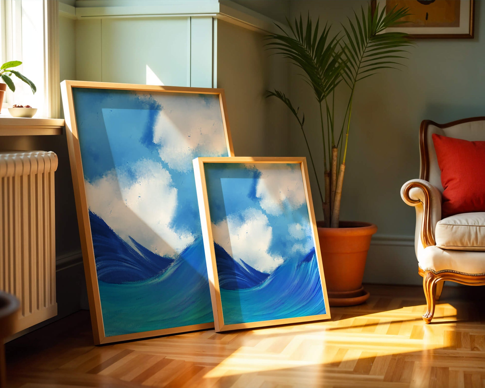 Beautiful ocean waves under a cloudy sky artwork